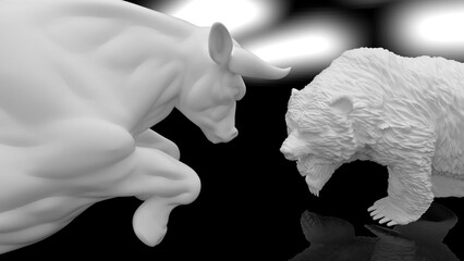Obraz premium Metallic silver bull and bear sculpture staring at each other in dramatic contrasting light representing financial market trends under black-white background. Concept images of stock market. 3D CG.