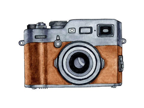 Watercolor illustration of a brown retro photo camera. Ideal for photography logo. Isolated on white background. Drawn by hand.