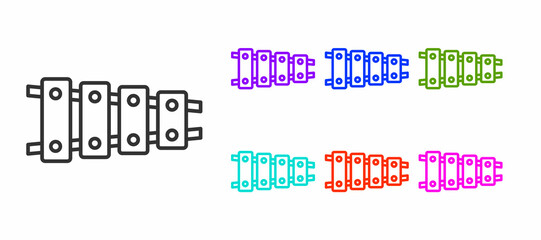 Black line Xylophone - musical instrument with thirteen wooden bars and two percussion mallets icon isolated on white background. Set icons colorful. Vector