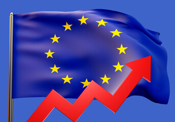 Growth arrow and European Union flag. Concept of rising inflation or prices. Red arrow points up. Increasing cost of goods in European Union. Economy chart of EU countries. 3d rendering.