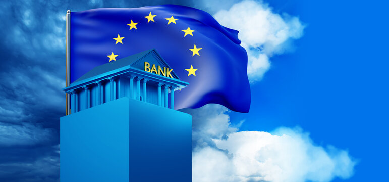 European Central Bank. Bank building and European Union flag. Managing financial institution Euro. Concept of financial decisions of European Central Bank. ECB building on sky background. 3d image.