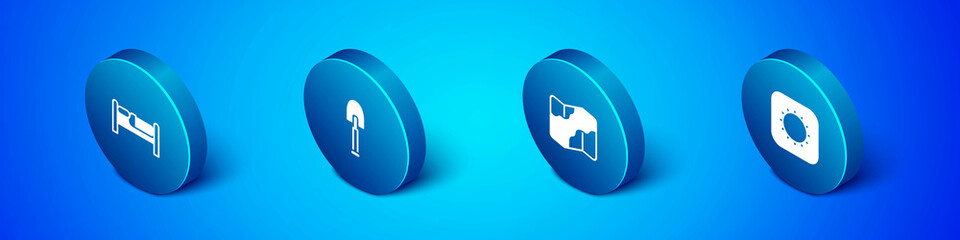 Set Isometric Bed, Camping and hiking on map, Sun and Shovel icon. Vector