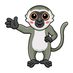 Cute little vervet monkey cartoon waving hand