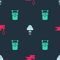 Set Medieval spear, Mushroom and Viking head on seamless pattern. Vector