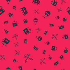 Set Medieval arrows, King crown, Viking book and Bottle with potion on seamless pattern. Vector