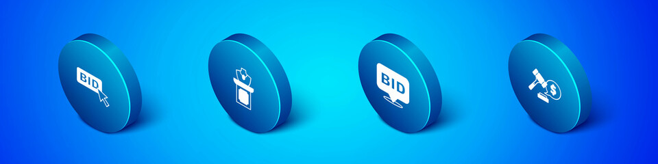 Set Isometric Bid, Auction hammer price and jewelry sale icon. Vector