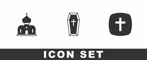 Set Church building, Coffin and Christian cross icon. Vector