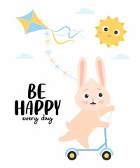 Poster with happy bunny with on scooter with kite and funny sun Vector card with cute rabbit character and phrase Be happy every day. Illustration for postcards, design, decor, print, flyers