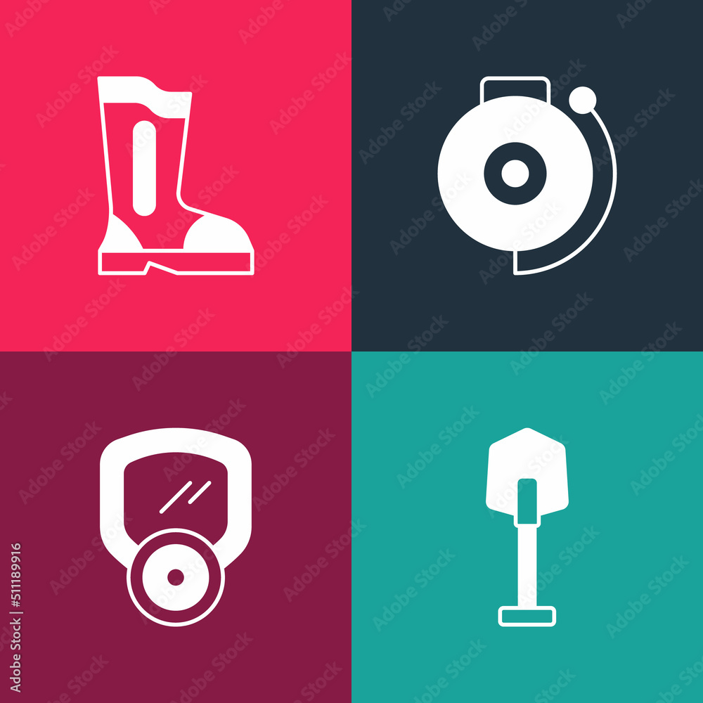 Poster set pop art fire shovel, gas mask, ringing alarm bell and boots icon. vector