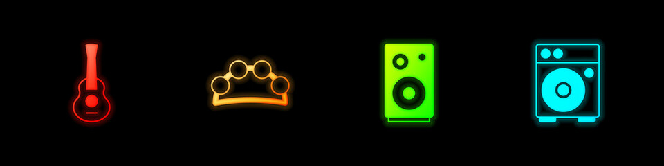 Set Guitar, Tambourine, Stereo speaker and amplifier icon. Vector