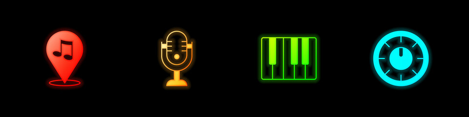 Set Location musical note, Microphone, Music synthesizer and Sound mixer controller icon. Vector