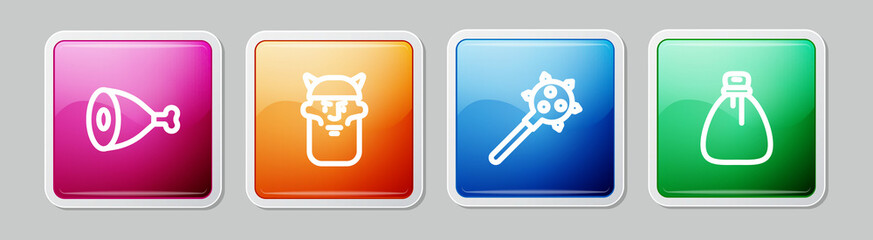 Set line Chicken leg, Viking head, Mace with spikes and Old money bag. Colorful square button. Vector