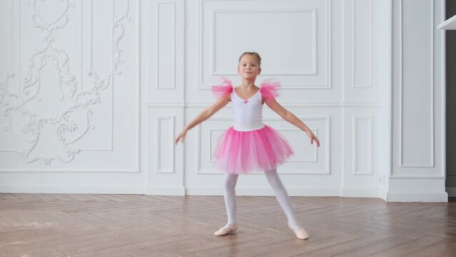Ballet School. Small ballerina learn to dance. Beautiful view. 4K