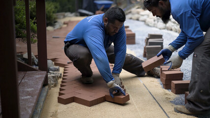 One man hands red bricks to another man who is putting the brick pavers into place in a herringbone pattern in hardscaping landscaping project.