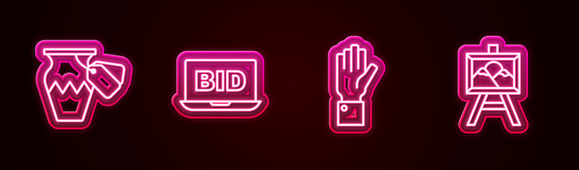 Set line Auction ancient vase, Online auction, Hand holding and painting. Glowing neon icon. Vector