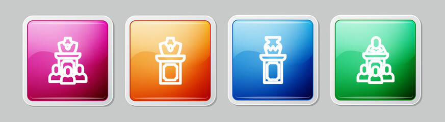 Set line Auction jewelry sale, ancient vase and auctioneer sells. Colorful square button. Vector