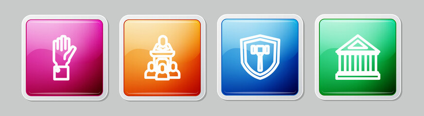 Obraz premium Set line Hand holding auction, Auction auctioneer sells, hammer and Museum building. Colorful square button. Vector