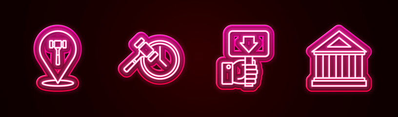 Set line Auction hammer, Hand holding auction paddle and Museum building. Glowing neon icon. Vector