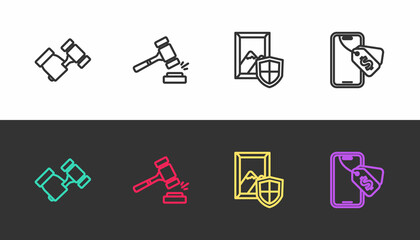 Set line Auction hammer, painting and Online auction on black and white. Vector