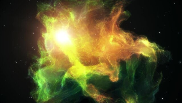 Yellow and Green Colored sci-fi Nebula or Galaxy with bright sun floating in outer deep interstellar Space Universe with Star field in background