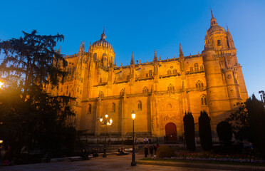 Fototapeta na wymiar Illuminated north facade of impressive gothic building of New Cathedral of Salamanca with tall bell tower and baroque dome as seen from Plaza de Anaya in spring twilight, Spain