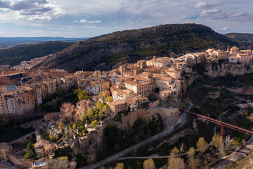 Obraz premium View from drone of old hanging houses of Cuenca city, capital of Cuenca province in east-central Spain