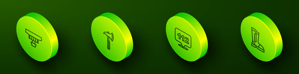 Set Isometric line Smoke alarm system, Firefighter axe, Emergency call and boots icon. Vector