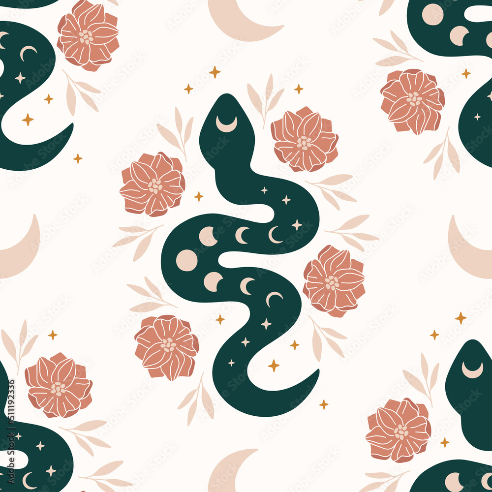 Poster vector seamless pattern with boho snake. print with magic serpent, moon phase, flowers and stars. my