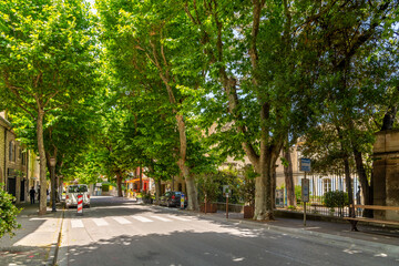 A shady tree lined street in the historic old town of Saint-Remy-de-Provence, France.