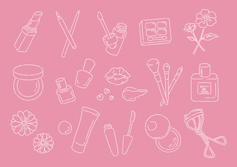 化粧道具一式のイラスト素材. 美容, メイクアップをテーマにした挿絵セット. シンプルな線画. ピンクの背景に白の線画.