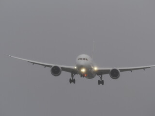 雨の中、灯火を点灯し着陸してくる飛行機