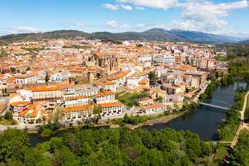 Fototapeta na wymiar Drone photo of Plasencia, province of Caceres, Extremadura, Western Spain. Jerte River visible from above.