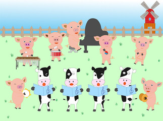 Obraz na płótnie Canvas 牛や豚たちが歌を歌ったり楽器を演奏したりしている。