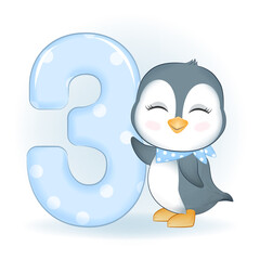 Cute Little Penguin and number 3, Happy birthday 3  years old