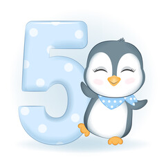 Cute Little Penguin and number 5, Happy birthday 5 years old