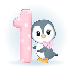 Cute Little Penguin and number 1