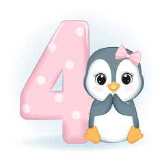 Cute Little Penguin and number 4