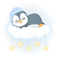 Cute Little Penguin sleeping on the cloud