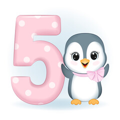 Cute Little Penguin and number 5