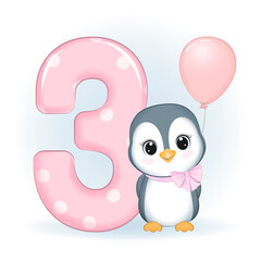 Cute Little Penguin and number 3