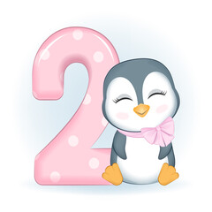 Cute Little Penguin and number 2