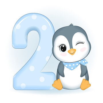 Cute Little Penguin and number 2, Happy birthday 2 years old
