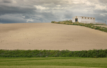 View of a farmhouse in the Andalusian countryside near the city of Jerez in Spain