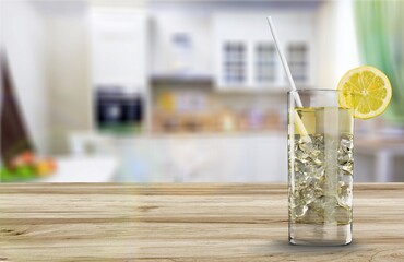 Exclusive alcoholic drink. Glass with cocktail with lemon