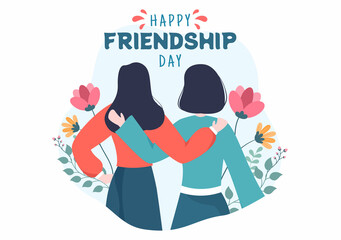 Happy Friendship Day Cute Cartoon Illustration with Young Boys and Girls of Hugging Together or Putting Their Hands in Flat Style