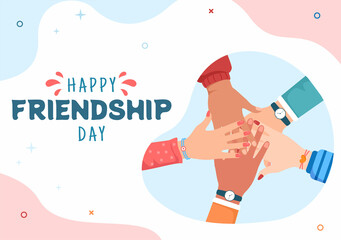 Happy Friendship Day Cute Cartoon Illustration with Young Boys and Girls of Hugging Together or Putting Their Hands in Flat Style