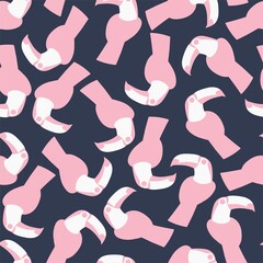 Minimalist pink toucan birds seamless pattern vector. Cartoon pink and white tropical birds on dark blue background - surface design vector. Tropical night hand-drawn contrast endless texture