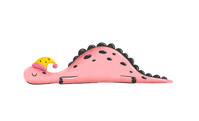 Cute pink dinosaur sleeping in hat with pom pom. Sweet baby dino character in nightcap. Childish colored hand drawn illustration in cartoon style. Good night, sleepy animal