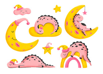 Set of cute pink sleeping dinosaurs. Sweet baby dino, moon, stars, cloud, rainbow with nightcap. Childish colored hand drawn illustration in cartoon style. Good night clipart, sleepy animals