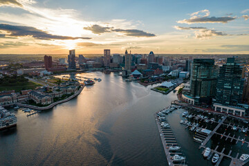 Aerial Drone View of Baltimore City Inner Harbor before Sunset with Blue Skies